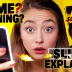 A surprised young woman holding a smartphone against a bright yellow background with bold text reading “Slime Meaning?” On the right side, another person wearing glasses smiles beneath a sign that says “Slime?” and large text at the bottom reads “Slimez Explained.”