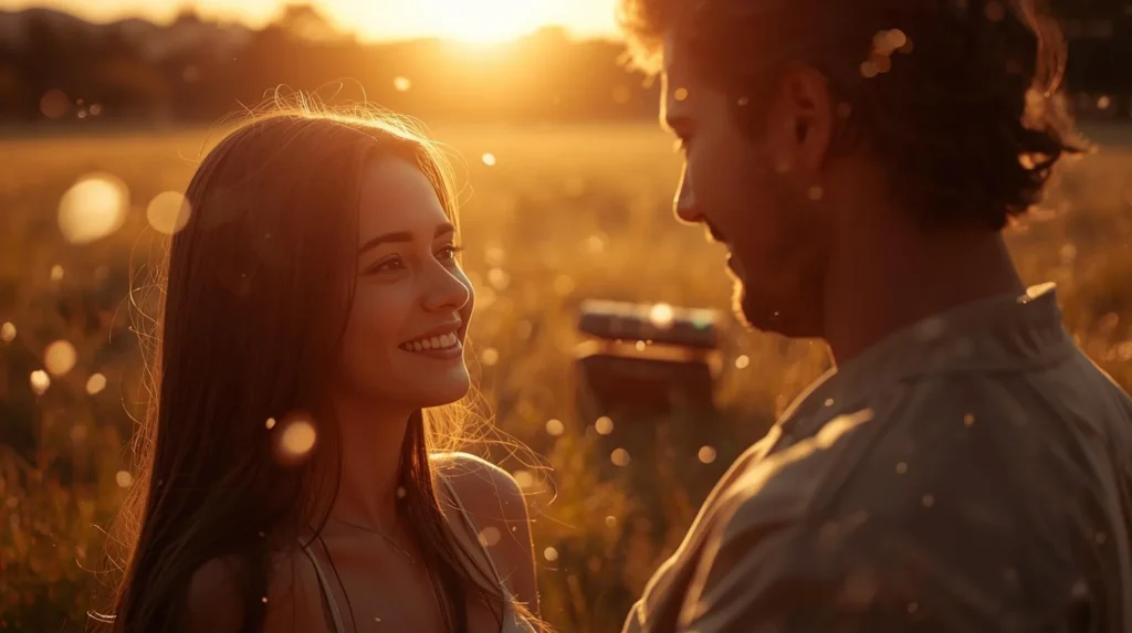 A couple smiling warmly at each other in a golden sunset field, symbolizing the affectionate meaning of “tesoro” as someone cherished like a treasure.