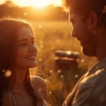 A couple smiling warmly at each other in a golden sunset field, symbolizing the affectionate meaning of “tesoro” as someone cherished like a treasure.