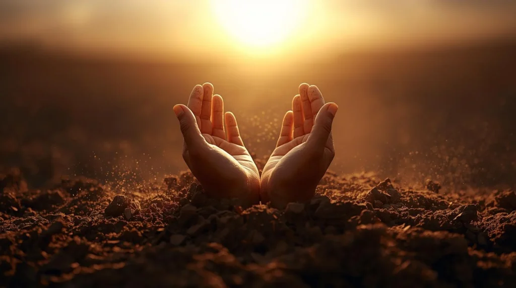 Realistic image of human hands rising from rich soil at sunrise, symbolizing the meaning of the name Adam as “man formed from the earth.”