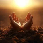 Realistic image of human hands rising from rich soil at sunrise, symbolizing the meaning of the name Adam as “man formed from the earth.”