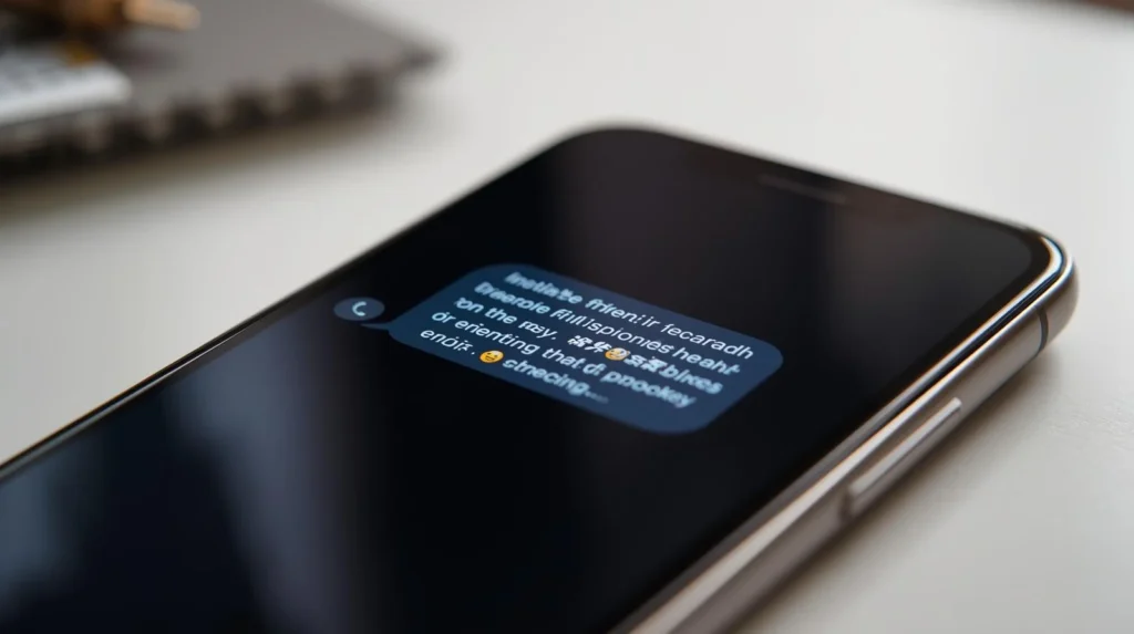 Close-up of a smartphone on a desk displaying a text message with garbled emoji characters due to an encoding error.