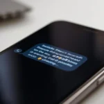 Close-up of a smartphone on a desk displaying a text message with garbled emoji characters due to an encoding error.