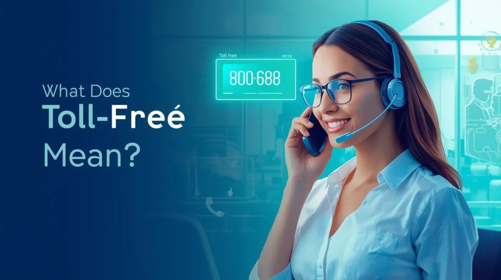 Customer service representative wearing a headset answering a call, visually explaining what does toll free mean with a toll-free phone number displayed on screen.