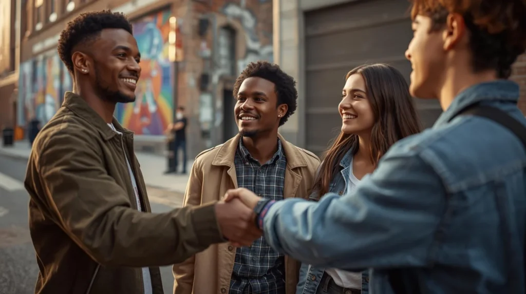 Group of friends smiling and shaking hands on a city street, representing authenticity and loyalty in the meaning of what does trill mean.