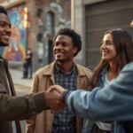 Group of friends smiling and shaking hands on a city street, representing authenticity and loyalty in the meaning of what does trill mean.