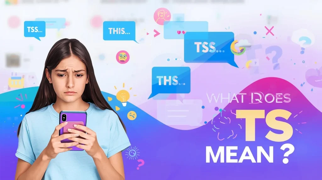 A confused teenage girl looking at her smartphone with text message bubbles around her showing abbreviations like “TSS,” “THIS,” and “THS.” On the right side, colorful text reads “What Does TS Mean?” with question marks and decorative icons in the background.