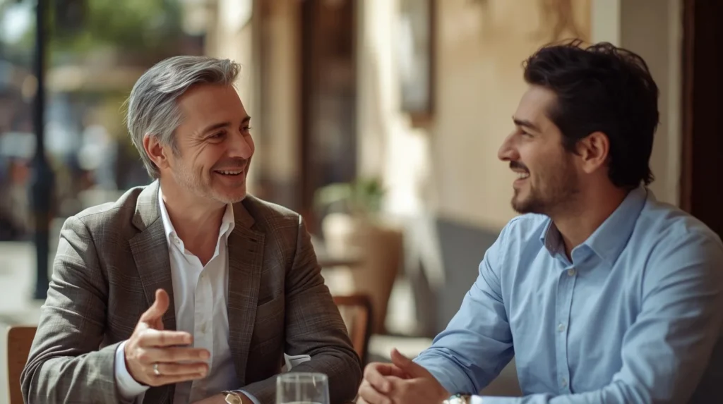 Two men having a polite conversation at an outdoor café, smiling and talking respectfully in a professional, friendly setting.
