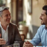 Two men having a polite conversation at an outdoor café, smiling and talking respectfully in a professional, friendly setting.