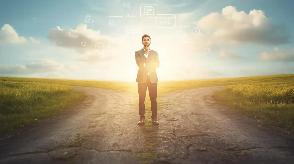 A thoughtful businessman standing at a crossroads where two roads split in different directions, symbolizing “YMMV” (Your Mileage May Vary) and the idea that individual experiences and outcomes can differ.