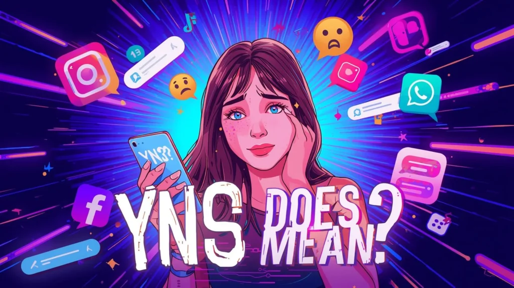 Colorful illustrated image of a confused young woman holding a smartphone with “YNS” on the screen, surrounded by social media icons and chat bubbles, with large text reading “YNS Does Mean?” representing curiosity about the slang meaning of YNS.