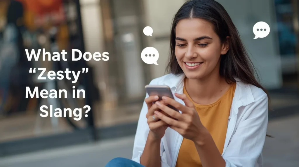 Smiling young woman looking at her smartphone with chat bubbles around her, next to text reading “What Does ‘Zesty’ Mean in Slang?” representing curiosity about the modern slang meaning of zesty.
