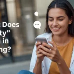 Smiling young woman looking at her smartphone with chat bubbles around her, next to text reading “What Does ‘Zesty’ Mean in Slang?” representing curiosity about the modern slang meaning of zesty.