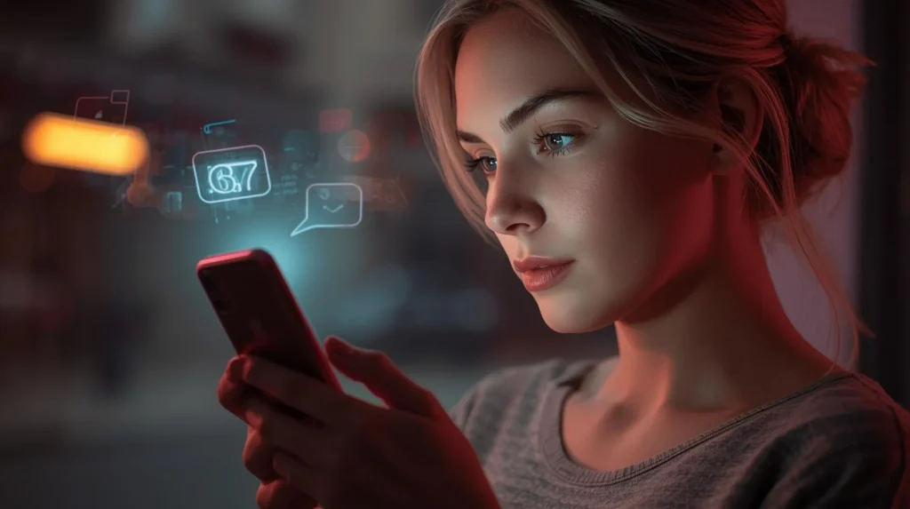Person using a smartphone with glowing “67” chat bubbles, illustrating the meaning of 67 slang in modern social media conversations