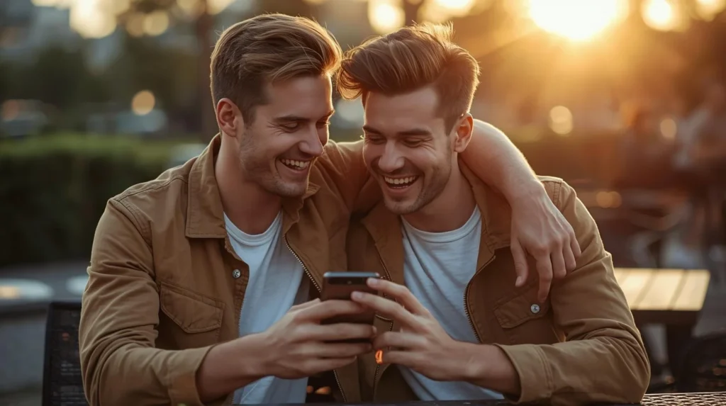 Two close male friends sitting outdoors at sunset, smiling and looking at a smartphone together, showing a warm and happy best-friend connection.