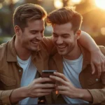 Two close male friends sitting outdoors at sunset, smiling and looking at a smartphone together, showing a warm and happy best-friend connection.