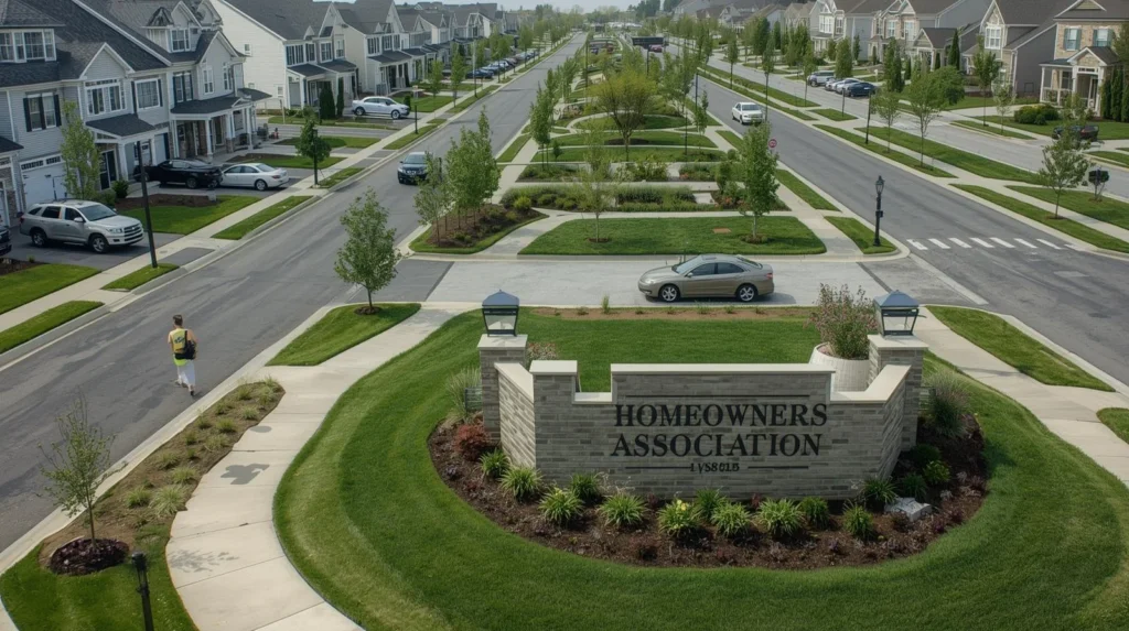 Well-maintained residential neighborhood with clean streets, landscaped lawns, and a large “Homeowners Association” entrance sign showing an HOA-managed community
