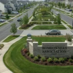 Well-maintained residential neighborhood with clean streets, landscaped lawns, and a large “Homeowners Association” entrance sign showing an HOA-managed community