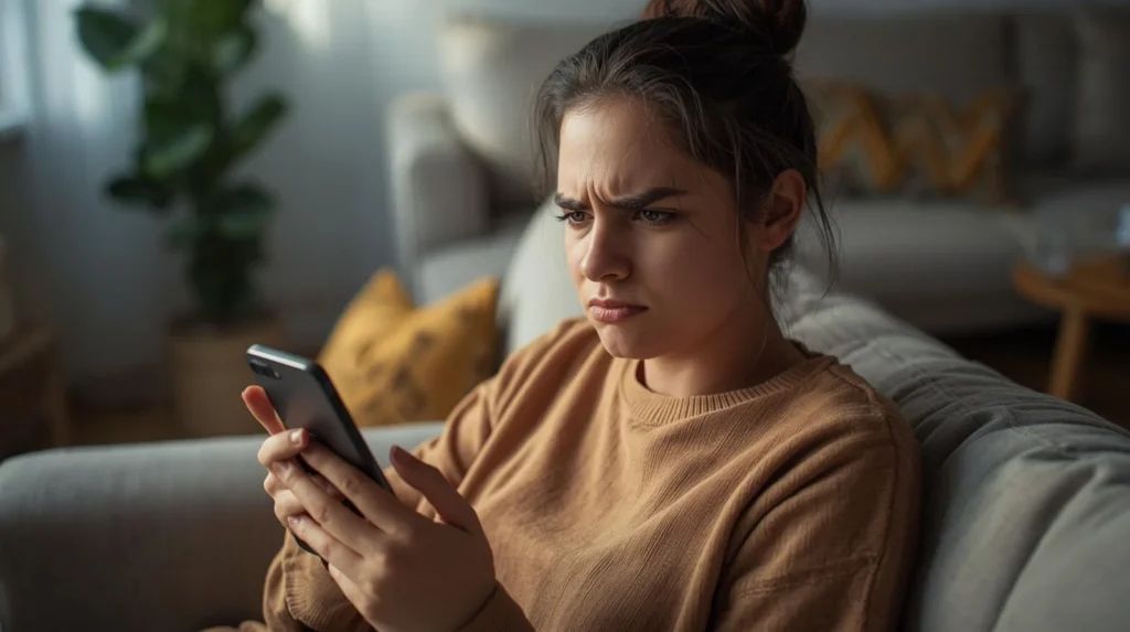 Young woman sitting on a couch at home, looking at her smartphone with a frustrated expression, slightly furrowing her brows as if reacting in disbelief to a message.
