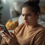 Young woman sitting on a couch at home, looking at her smartphone with a frustrated expression, slightly furrowing her brows as if reacting in disbelief to a message.