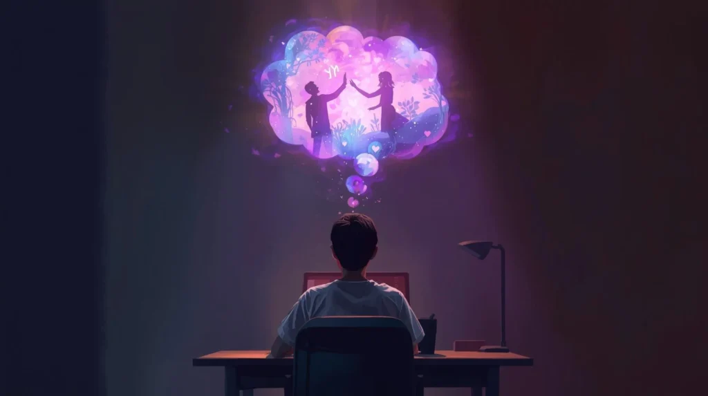 Young person sitting alone at a desk at night, imagining a glowing romantic fantasy scene above their head with silhouettes reaching toward the letters “YN,” symbolizing the slang meaning of “Your Name” in fan fiction and POV storytelling.