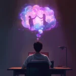 Young person sitting alone at a desk at night, imagining a glowing romantic fantasy scene above their head with silhouettes reaching toward the letters “YN,” symbolizing the slang meaning of “Your Name” in fan fiction and POV storytelling.