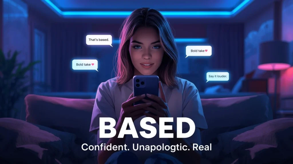Young woman sitting in a neon-lit room at night, smiling confidently while using her smartphone, with chat bubbles saying “That’s based,” “Bold take,” and “Say it louder,” and bold text reading “BASED – Confident. Unapologetic. Real.”