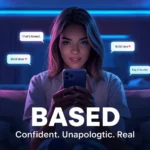 Young woman sitting in a neon-lit room at night, smiling confidently while using her smartphone, with chat bubbles saying “That’s based,” “Bold take,” and “Say it louder,” and bold text reading “BASED – Confident. Unapologetic. Real.”