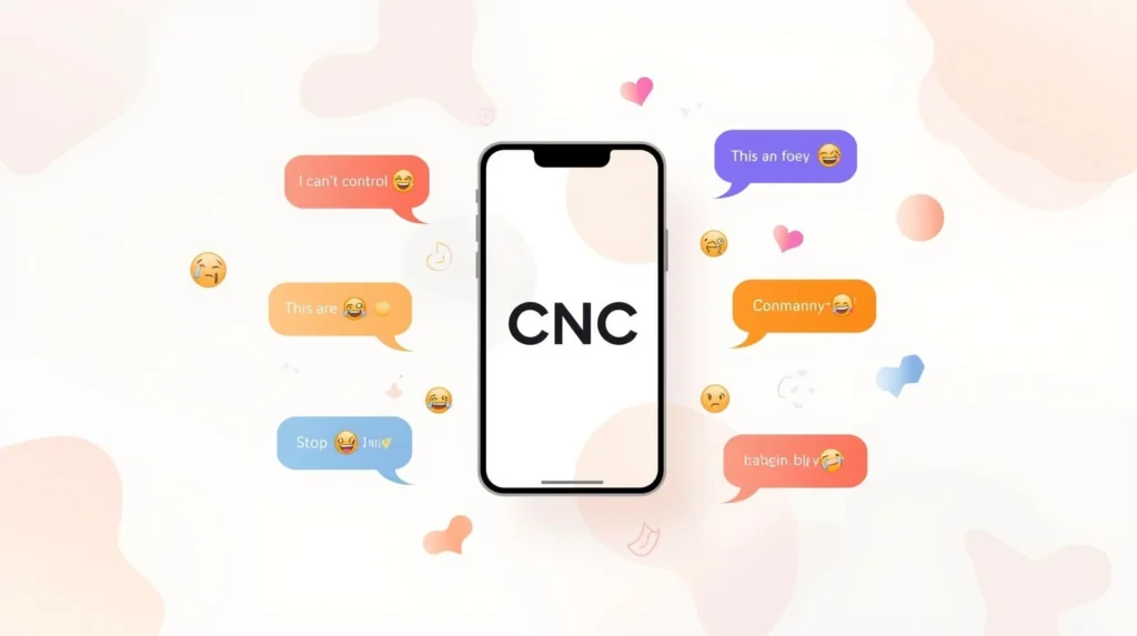 Vector illustration of a smartphone displaying “CNC” with colorful chat bubbles and laughing emojis representing the CNC slang meaning in texting and online social media conversations.