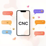 Vector illustration of a smartphone displaying “CNC” with colorful chat bubbles and laughing emojis representing the CNC slang meaning in texting and online social media conversations.
