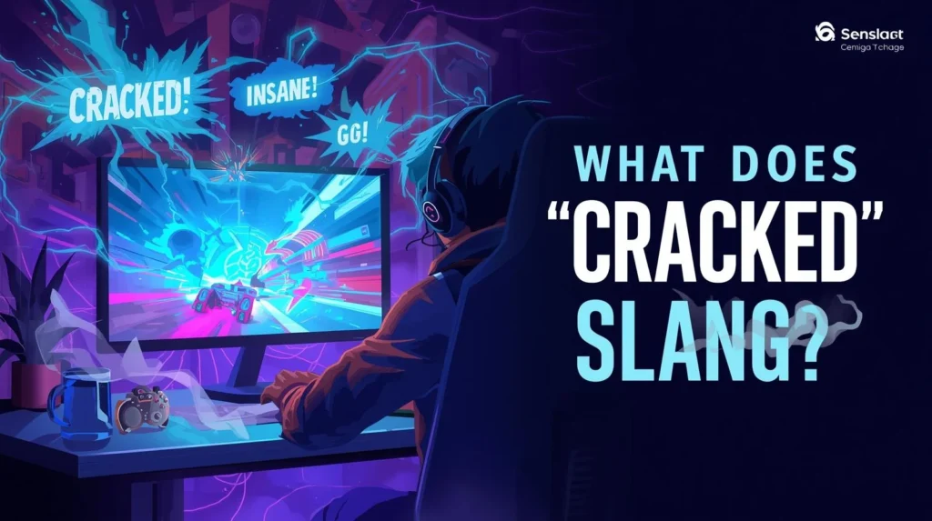 Gamer playing a fast-paced video game on a glowing monitor with chat bubbles saying “Cracked!”, “Insane!”, and “GG!” illustrating the meaning of “cracked” in modern gaming and internet slang.