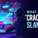 Gamer playing a fast-paced video game on a glowing monitor with chat bubbles saying “Cracked!”, “Insane!”, and “GG!” illustrating the meaning of “cracked” in modern gaming and internet slang.