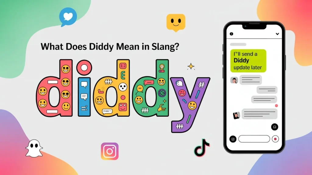 Illustration explaining the slang term “diddy,” showing colorful letters spelling “diddy” with emojis and chat icons, alongside a smartphone chat where someone sends the message “I’ll send a diddy update later,” representing the meaning of a small or quick update in texting slang.