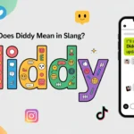 Illustration explaining the slang term “diddy,” showing colorful letters spelling “diddy” with emojis and chat icons, alongside a smartphone chat where someone sends the message “I’ll send a diddy update later,” representing the meaning of a small or quick update in texting slang.