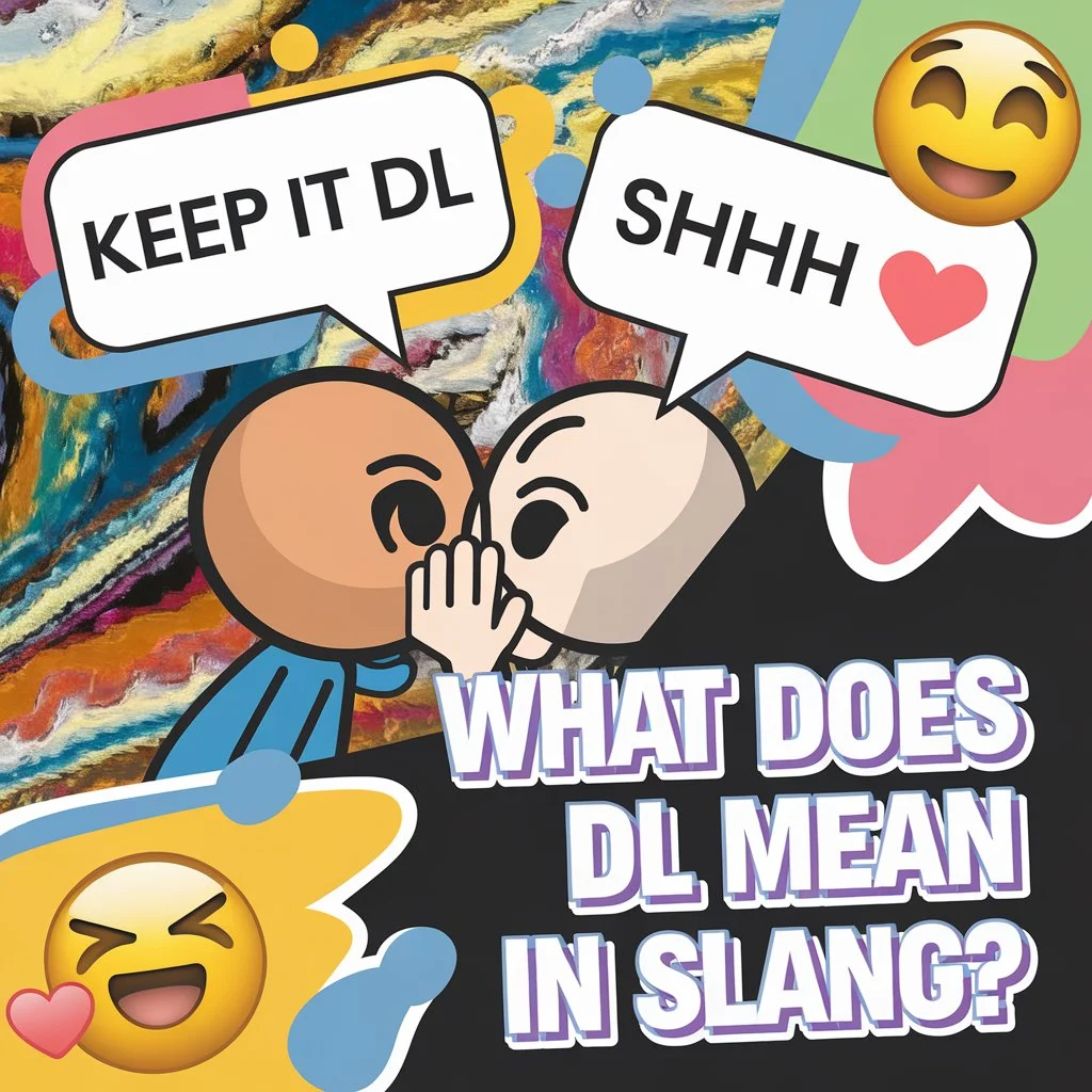 Illustration of two cartoon characters whispering a secret with speech bubbles saying “Keep it DL” and “Shhh,” alongside the headline “What Does DL Mean in Slang?” representing the slang term DL used to describe something kept private or secret in texting.