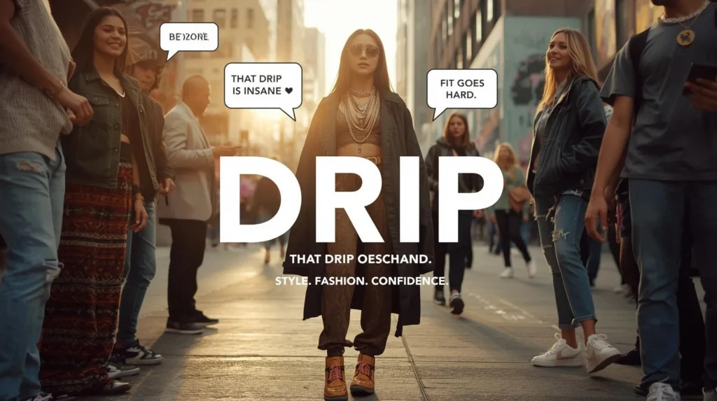 Street-style fashion scene showing a confident young person with trendy outfit and jewelry while friends react with chat bubbles saying “that drip is insane” and “fit goes hard,” illustrating what does drip mean slang and stylish Gen Z fashion culture.