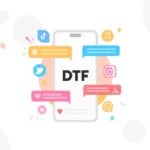 DTF slang meaning illustration showing a smartphone with chat bubbles and social media icons representing texting slang used on Snapchat, Instagram, and TikTok.