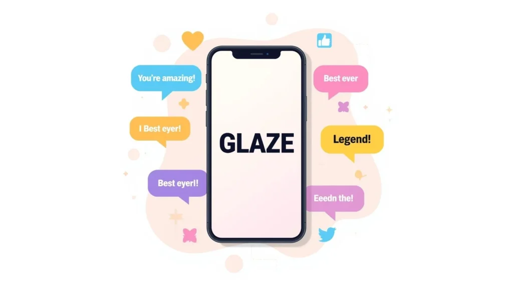 Vector illustration of a smartphone displaying the word “GLAZE” with colorful chat bubbles showing exaggerated praise messages, representing the slang meaning of glaze in online texting and social media conversations.
