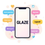 Vector illustration of a smartphone displaying the word “GLAZE” with colorful chat bubbles showing exaggerated praise messages, representing the slang meaning of glaze in online texting and social media conversations.