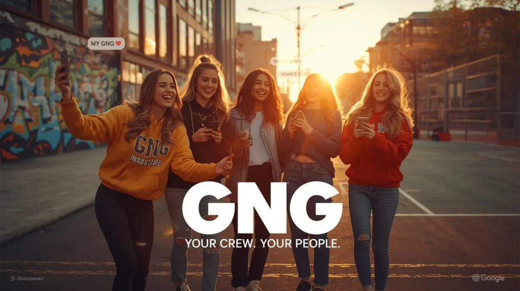Group of young friends laughing together on a city street at sunset, taking selfies and checking phones, with “GNG – Your Crew, Your People” text representing friendship slang meaning a close group or ga