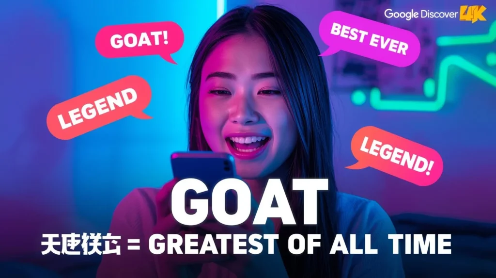 Young woman smiling at her phone in neon lighting with chat bubbles saying “GOAT,” “Legend,” and “Best Ever,” illustrating GOAT slang meaning “Greatest of All Time.”