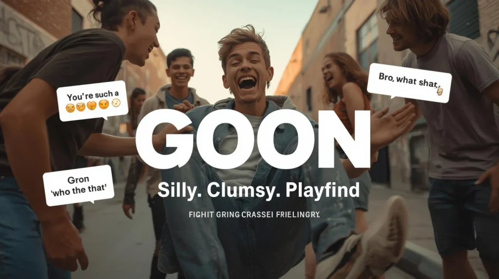 A group of young friends laughing together on a city street while one person sits on the ground smiling. Large text in the center reads “GOON” with the words “Silly. Clumsy. Playful” underneath. Speech bubbles around them show playful phrases and emojis. playful phrases and emojis