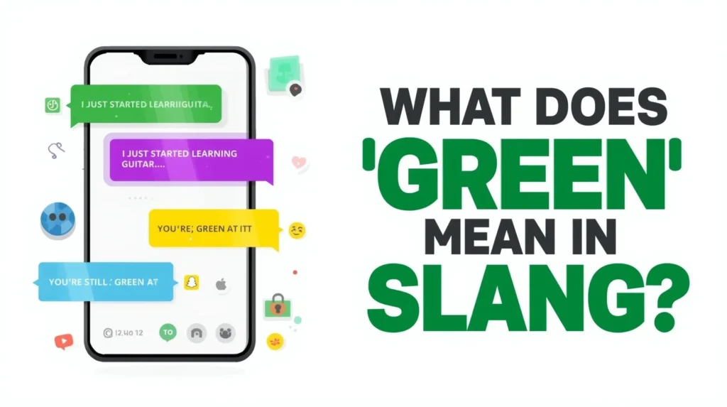 martphone chat illustration with colorful text bubbles showing a conversation about learning guitar and the phrase “you’re still green,” alongside the headline “What Does ‘Green’ Mean in Slang?” explaining the slang meaning of green as inexperienced.