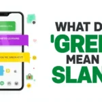 martphone chat illustration with colorful text bubbles showing a conversation about learning guitar and the phrase “you’re still green,” alongside the headline “What Does ‘Green’ Mean in Slang?” explaining the slang meaning of green as inexperienced.