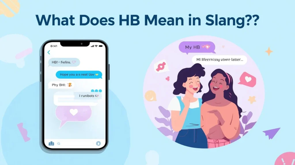 Illustration explaining the slang meaning of “HB,” showing a smartphone chat with messages including “HB! Hope you have a great day,” alongside two friends smiling and chatting, representing casual texting and friendship in social media conversations.