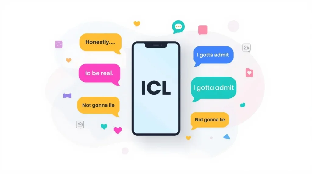 Vector illustration of a smartphone displaying “ICL” with chat bubbles saying “Honestly,” “I gotta admit,” and “Not gonna lie,” representing the ICL slang meaning in texting and social media conversations.