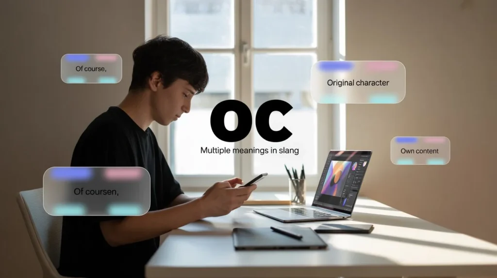 young man sitting at a desk using a smartphone beside an open laptop near a window. In the center, large text reads “OC” with the subtitle “Multiple meanings in slang.” Floating text bubbles around him show phrases like “Of course,” “Original character,” and “Own content.”