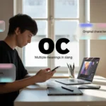 young man sitting at a desk using a smartphone beside an open laptop near a window. In the center, large text reads “OC” with the subtitle “Multiple meanings in slang.” Floating text bubbles around him show phrases like “Of course,” “Original character,” and “Own content.”