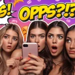 Four surprised young women looking at a smartphone with bold meme-style text “OPPS?!” and “OPPS!” on a colorful emoji background, representing the slang meaning of “opps” as enemies or rivals in texting and social media conversations.