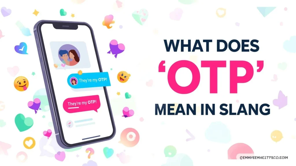 Illustration of a smartphone chat with heart emojis and messages saying “They’re my OTP!” next to the headline “What Does ‘OTP’ Mean in Slang?”, representing the slang meaning of OTP as “One True Pairing” used for favorite couples online.